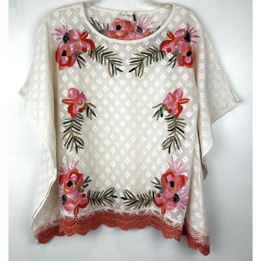 Akemi Kin Top Womens Small Embroidered Shirt Sheer Vacation Tropical Casual